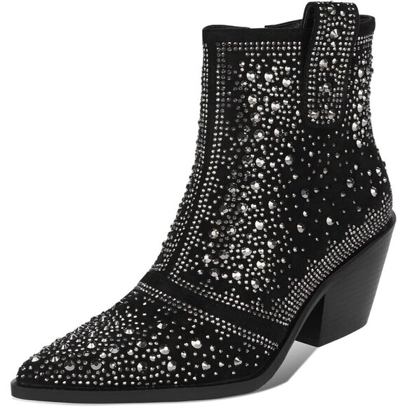 Rhinestone Cowboy Boots Black Faux Leather with Zip Chunky Heel - Picture 1 of 6